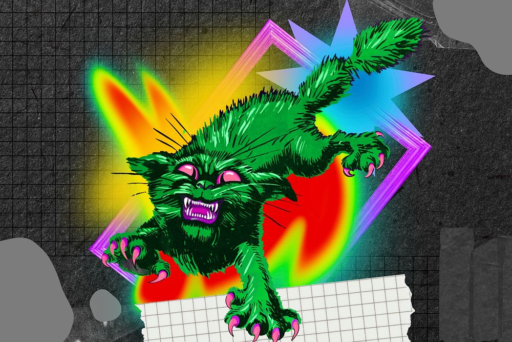 Scary screeching cat background, retro neon collage