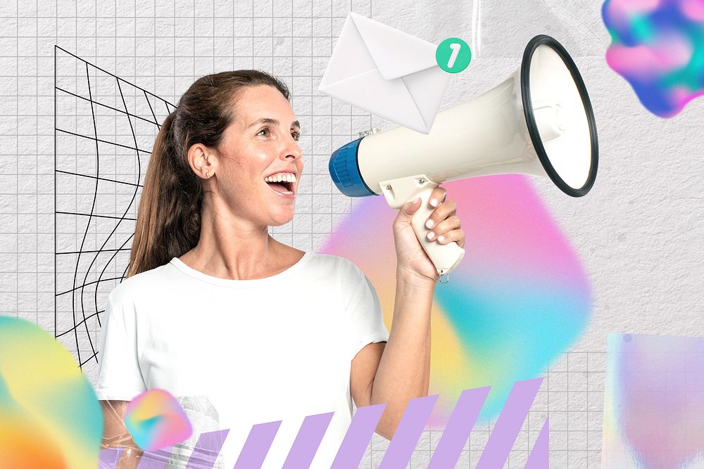 Woman holding megaphone background, holographic abstract collage