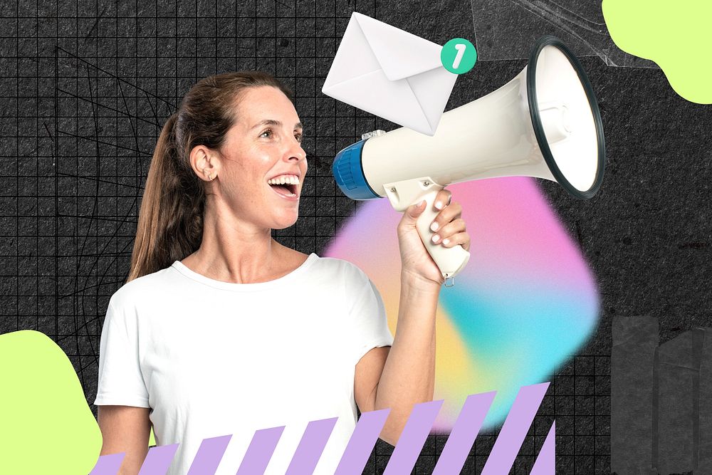 Woman holding megaphone background, holographic abstract collage