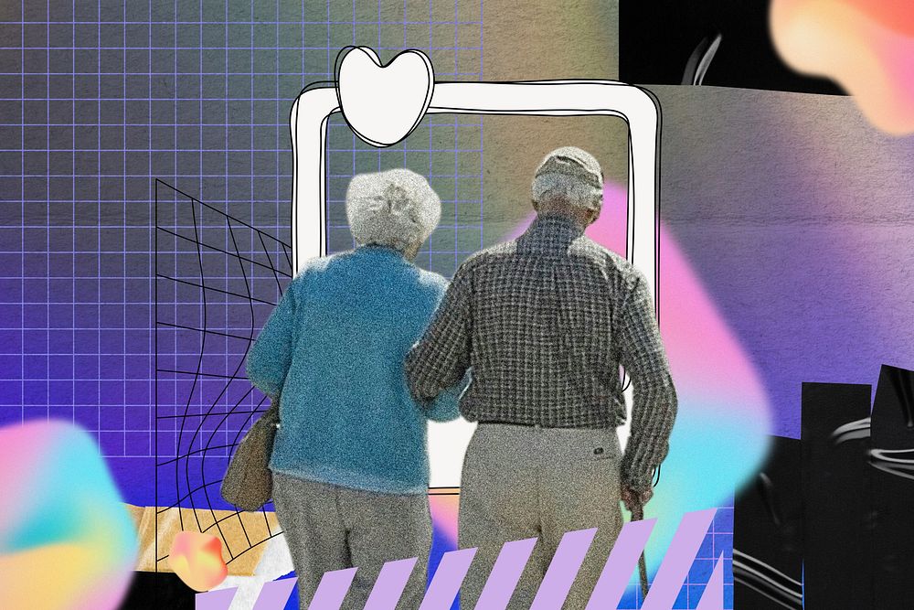 Old couple holographic background, abstract collage