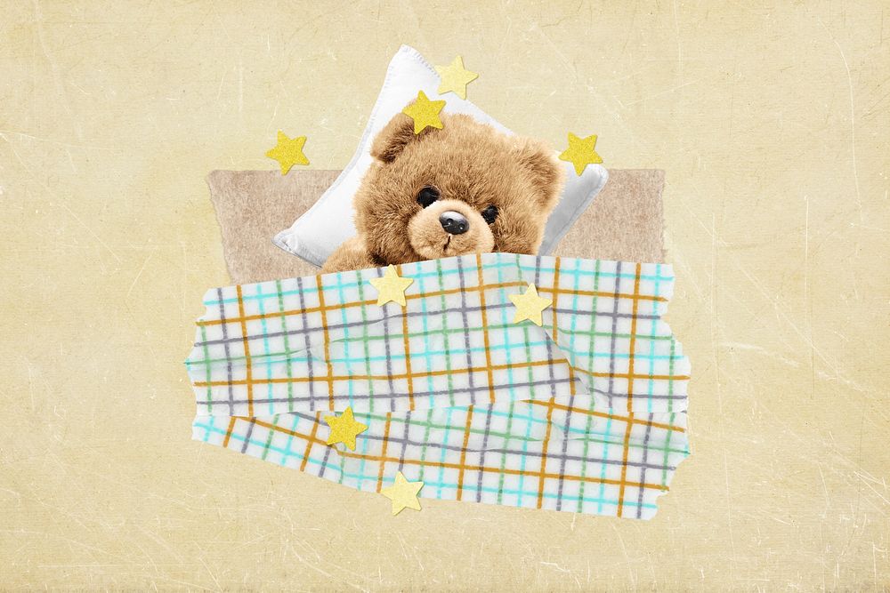 Sleeping teddy bear background, aesthetic paper collage