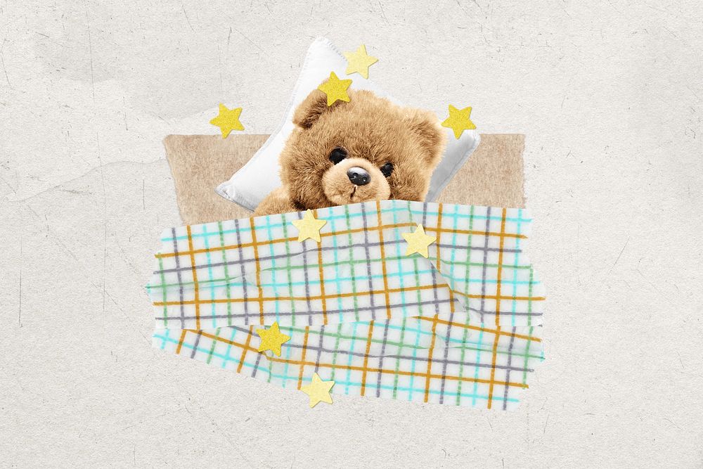 Sleeping teddy bear background, aesthetic paper collage