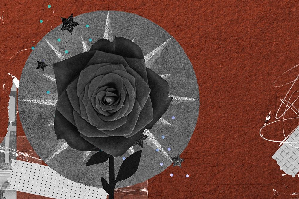 Black rose background, aesthetic paper collage