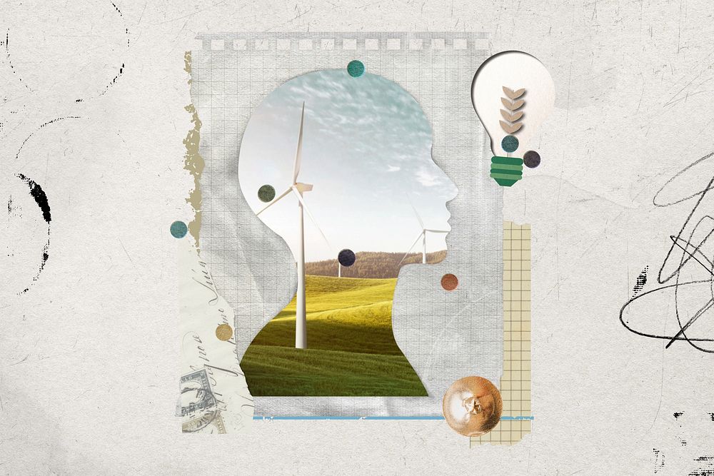 Creative environment collage background, wind turbine farm