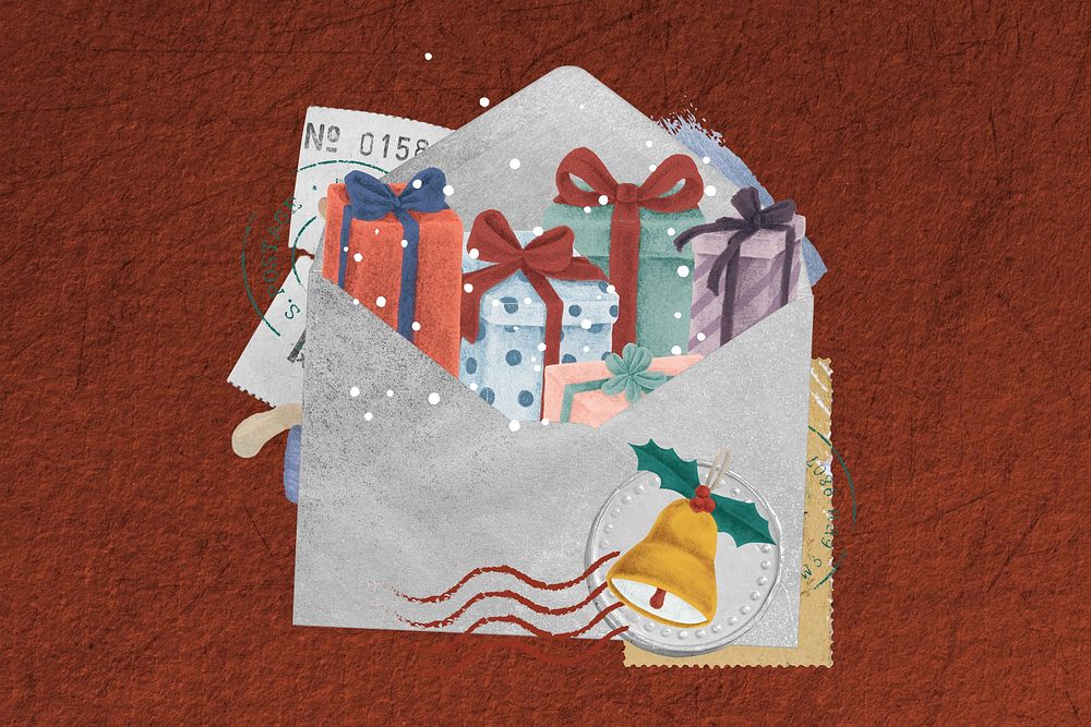 Christmas gift box background, festive envelope collage