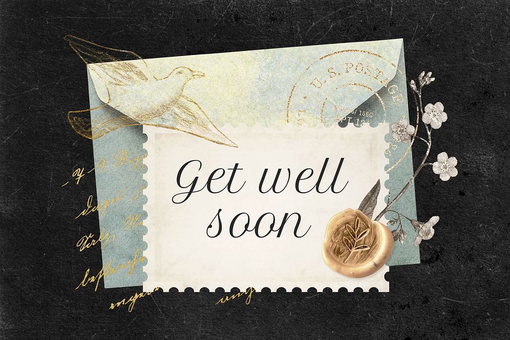 Get well soon postage stamp, ephemera collage remix design