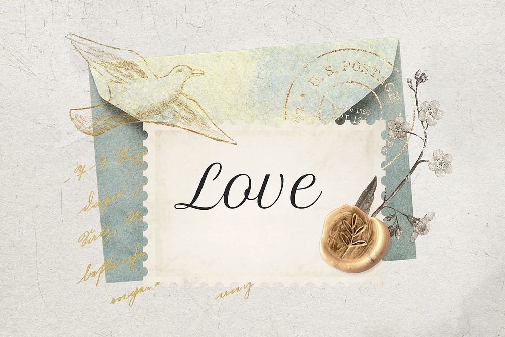 Love postage stamp, ephemera collage remix design