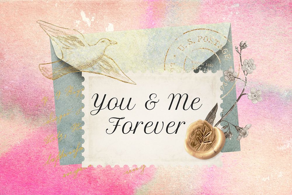 You & me forever postage stamp, ephemera collage remix design