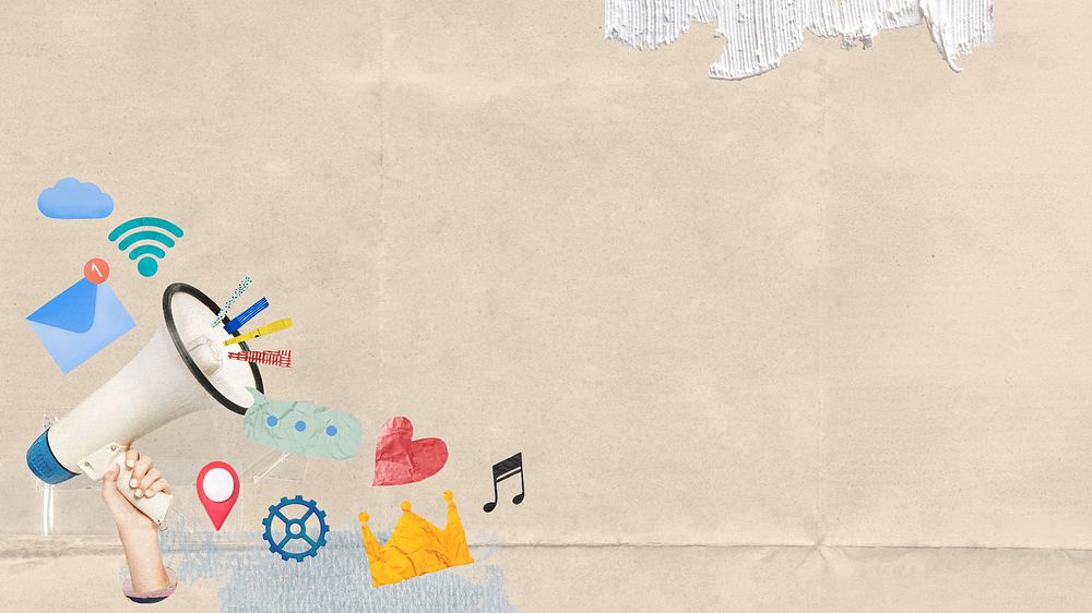 Creative marketing collage desktop wallpaper, paper texture background