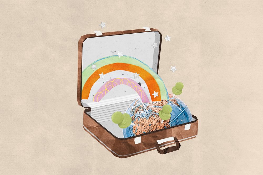 Aesthetic rainbow luggage background, travel collage