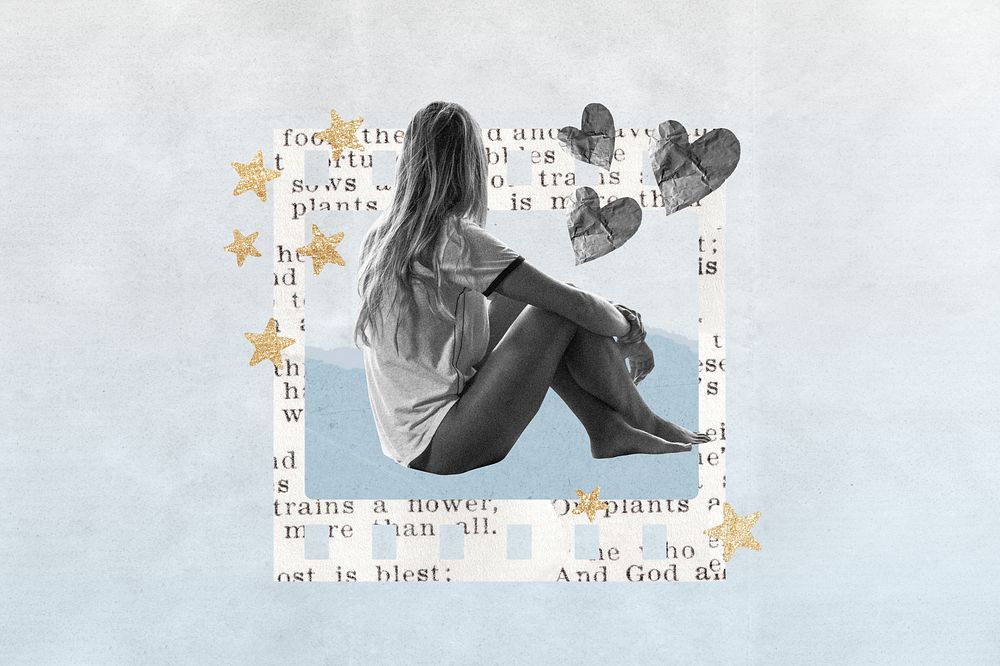 Mental health aesthetic background, instant photo film collage