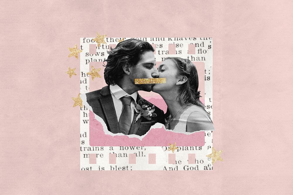 Wedding couple aesthetic background, instant photo film collage