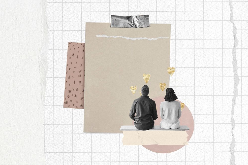 Couple aesthetic paper, man and woman sitting collage art
