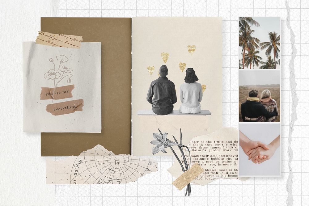Aesthetic couple mood board, ripped paper collage art