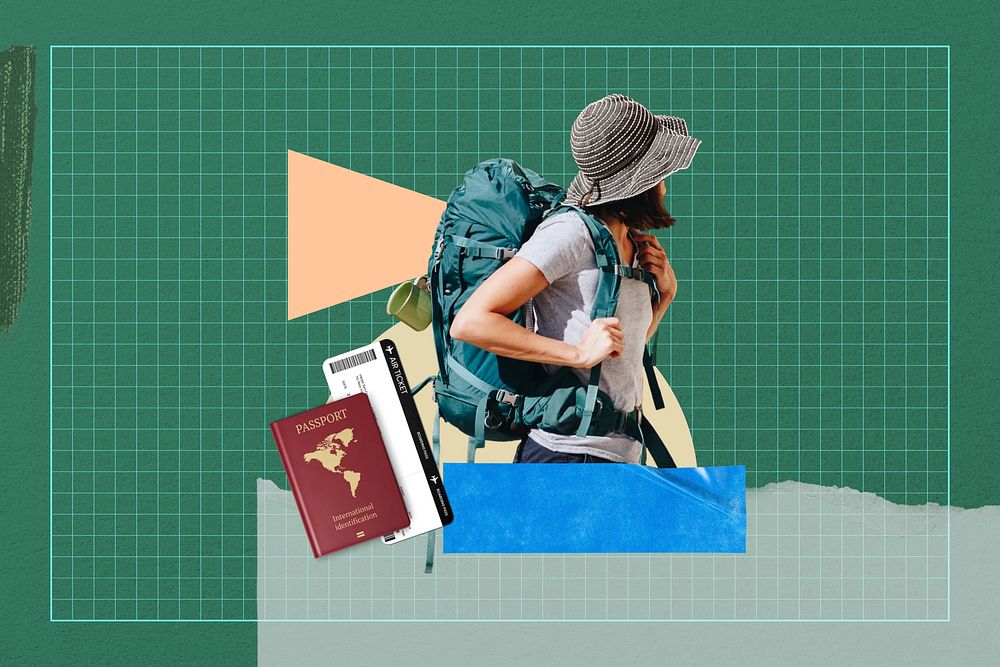 Woman backpacker aesthetic, travel collage art