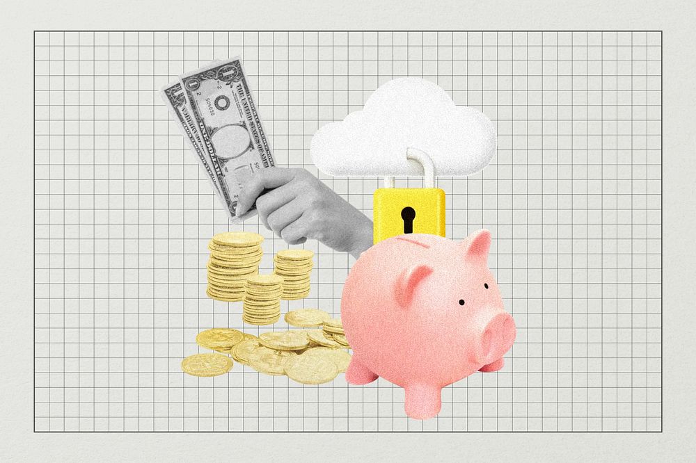 Piggy bank savings, finance collage art