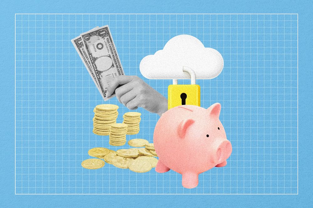 Piggy bank savings, finance collage art