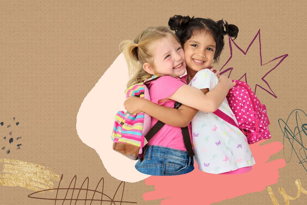 Little girls hugging, education collage art