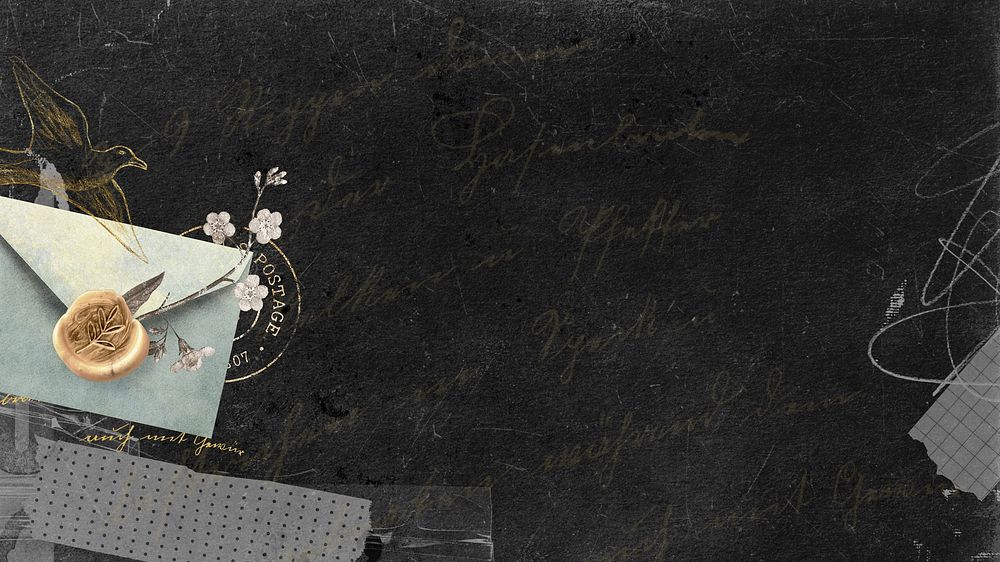 Vintage letter collage computer wallpaper, black aesthetic background