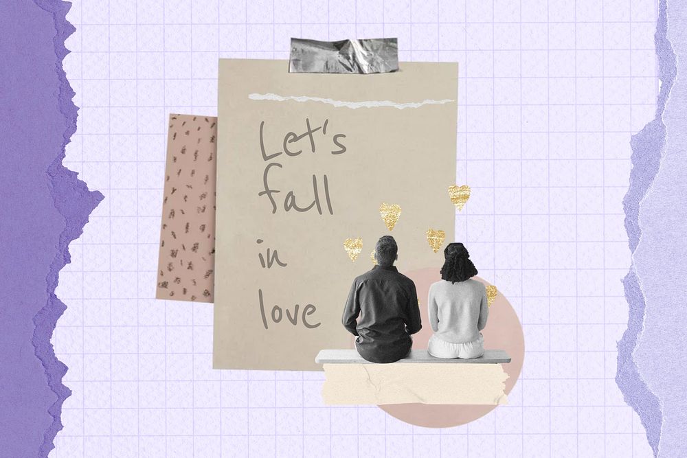Let's fall in love quote, couple aesthetic collage art