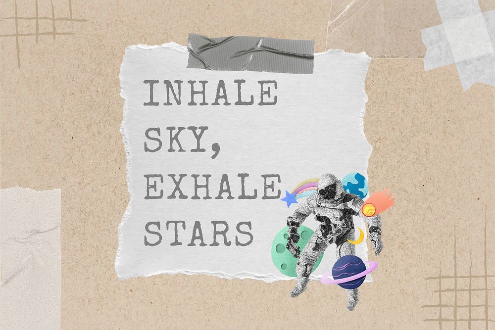 Inhale sky, exhale stars word, galaxy collage art