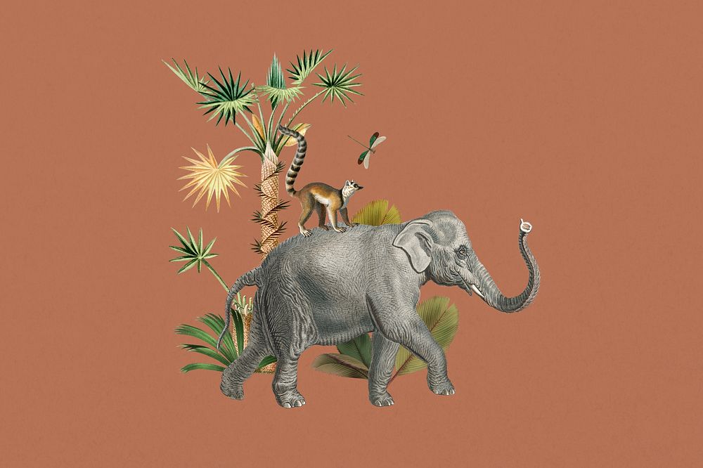 Vintage elephant, botanical wildlife remix 