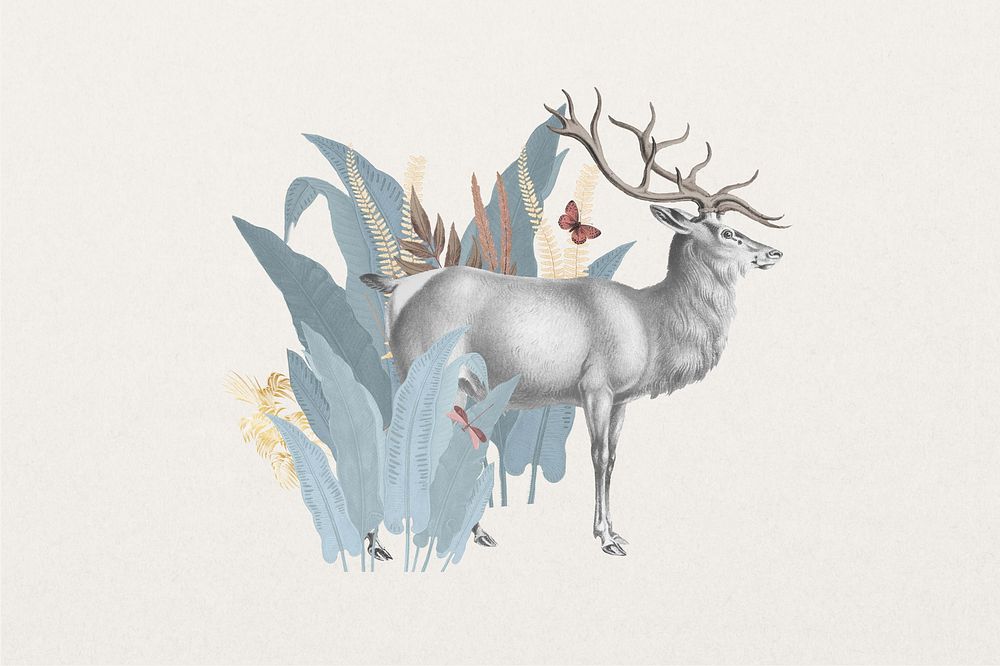 Vintage elk, wild animal botanical remix