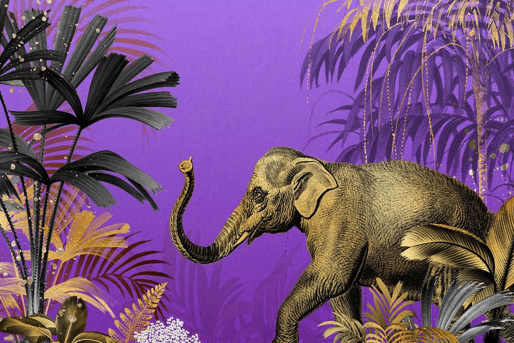 Vintage jungle elephant background, gold wildlife illustration