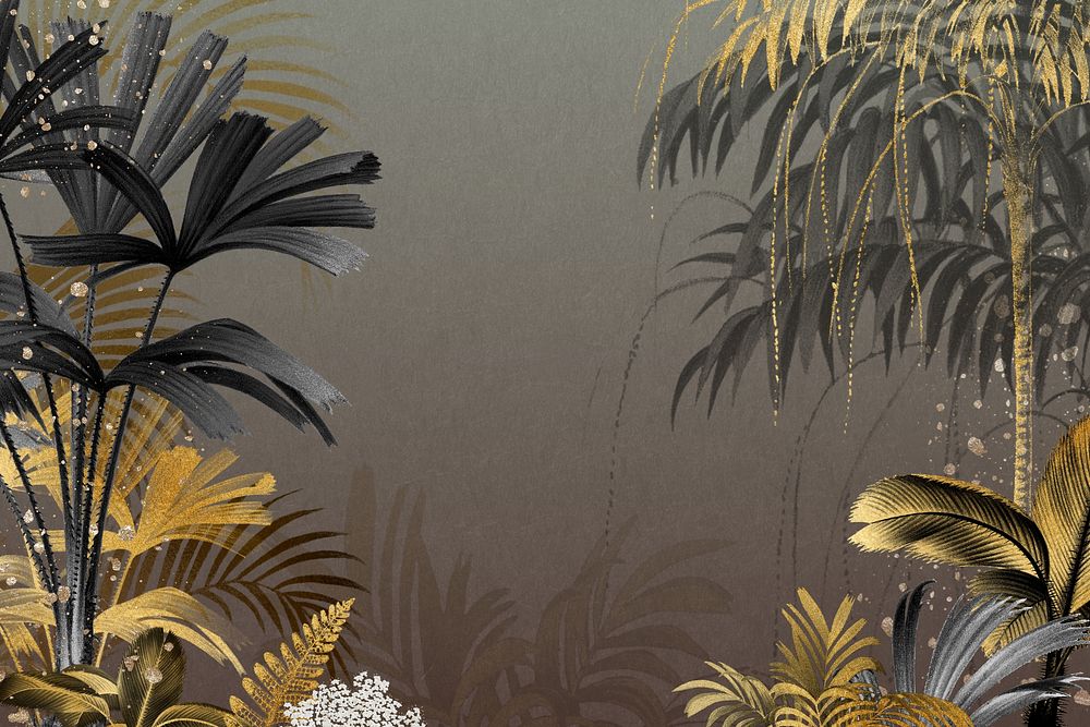 Gold palm leaf background, botanical border frame
