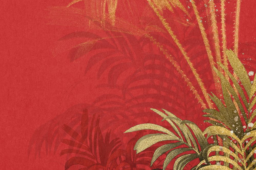 Gold palm leaf background, botanical border red design