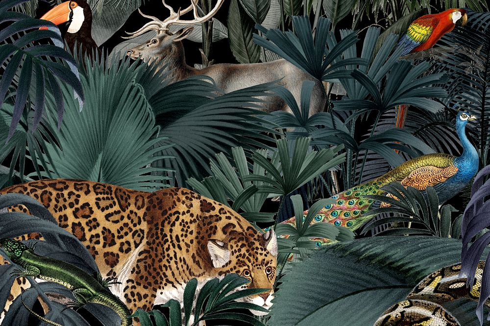 Vintage wildlife pattern background, jungle animal illustration