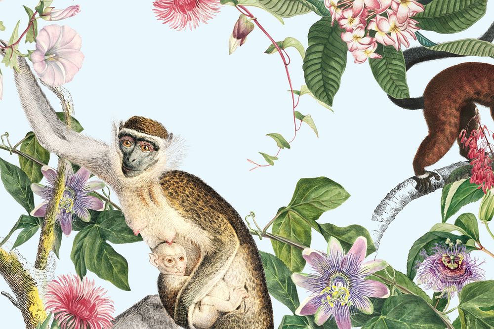 Vintage floral monkey background, jungle illustration