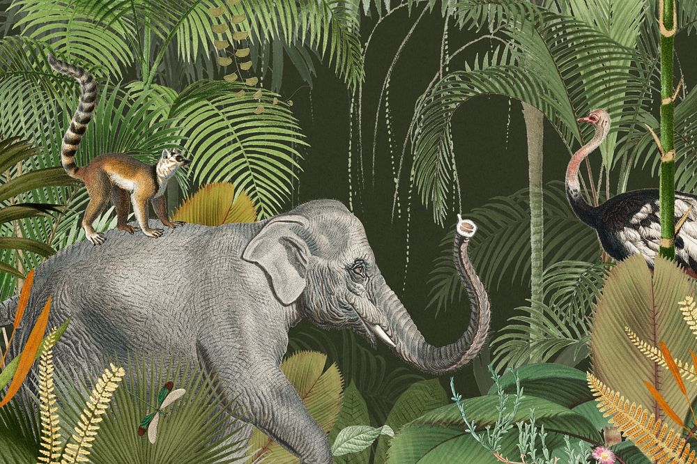 Vintage jungle elephant background, wild animal illustration