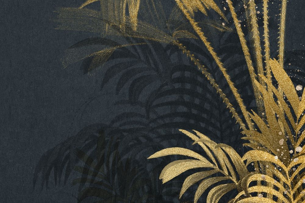 Gold palm leaf background, botanical border blue design