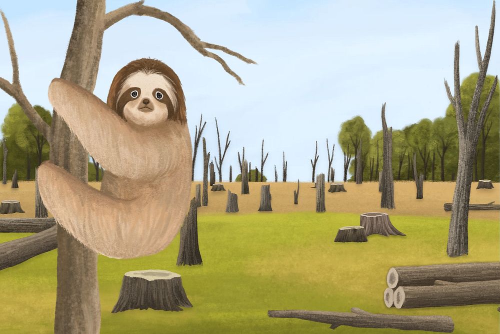 Deforestation sloth habitat background, aesthetic paint illustration