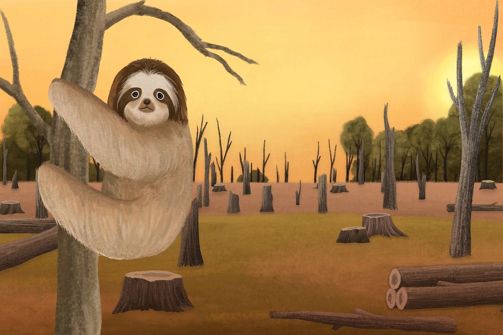 Deforestation sloth habitat background, aesthetic paint illustration