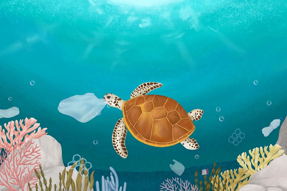 Sea turtle, pollution background, aesthetic paint illustration