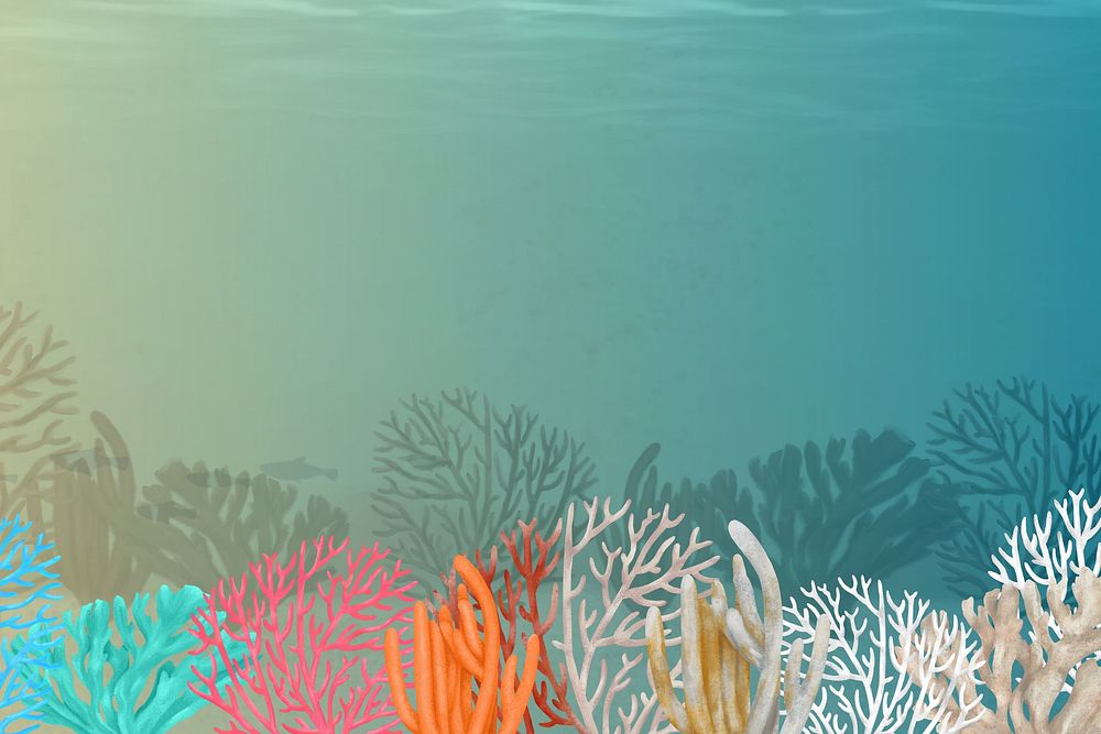 Coral reef, green background, aesthetic paint illustration