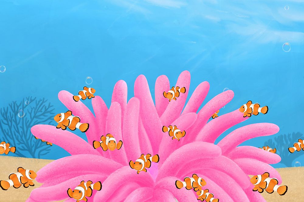 Clownfish anemone background, aesthetic paint illustration