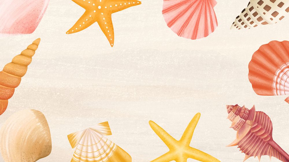 Seashell frame, sand desktop wallpaper background