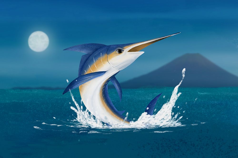 Night fishing, blue background, aesthetic paint illustration