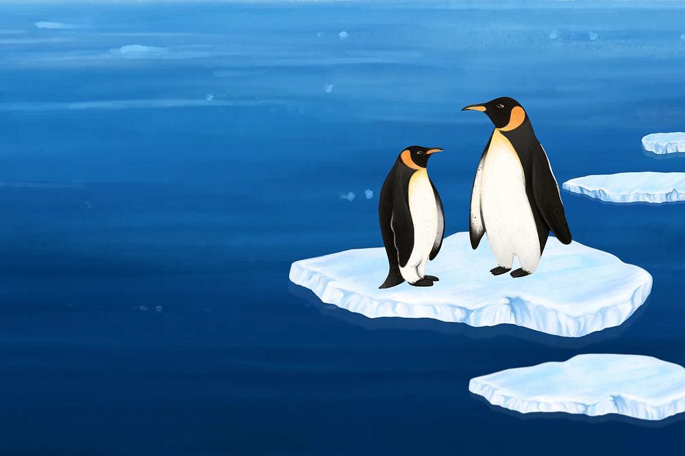 Penguin environment, blue background, aesthetic paint illustration