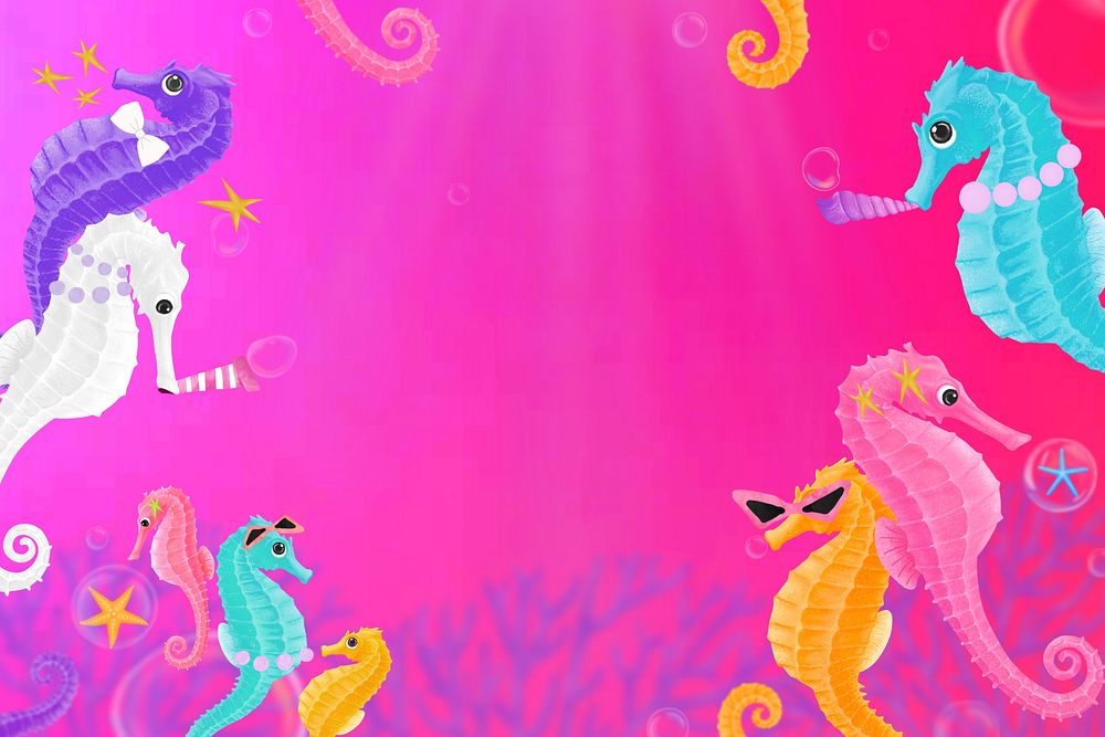 Seahorse party frame, pink background, aesthetic paint illustration