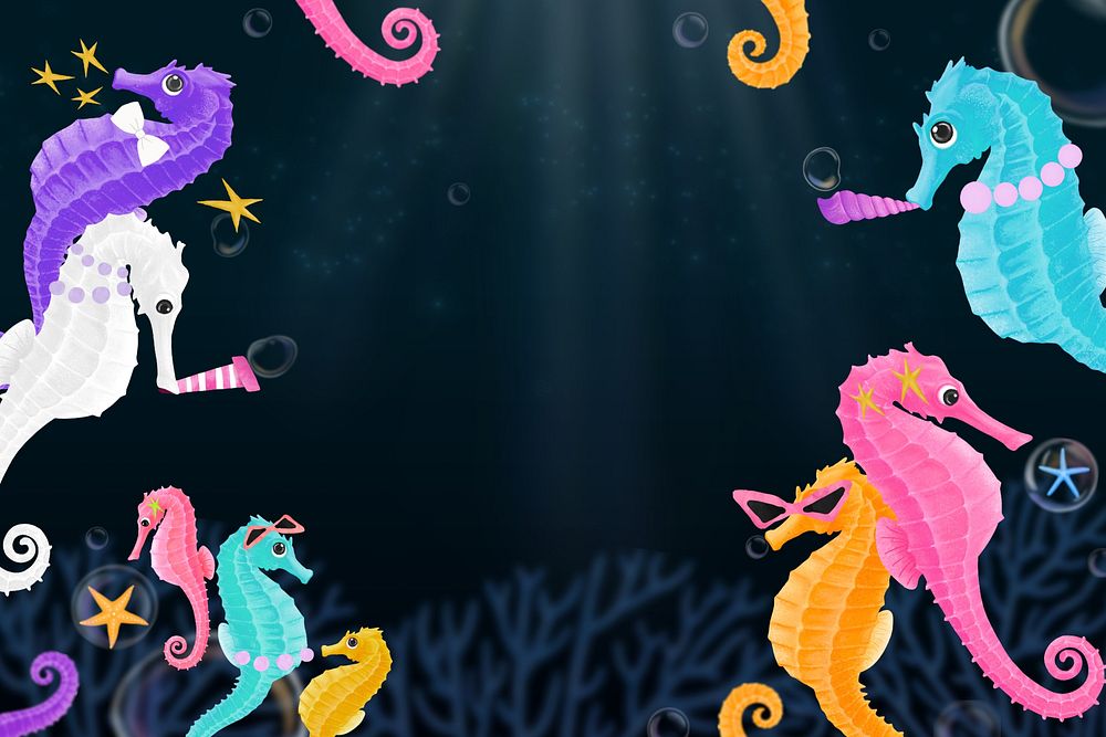 Seahorse party frame, black background, aesthetic paint illustration