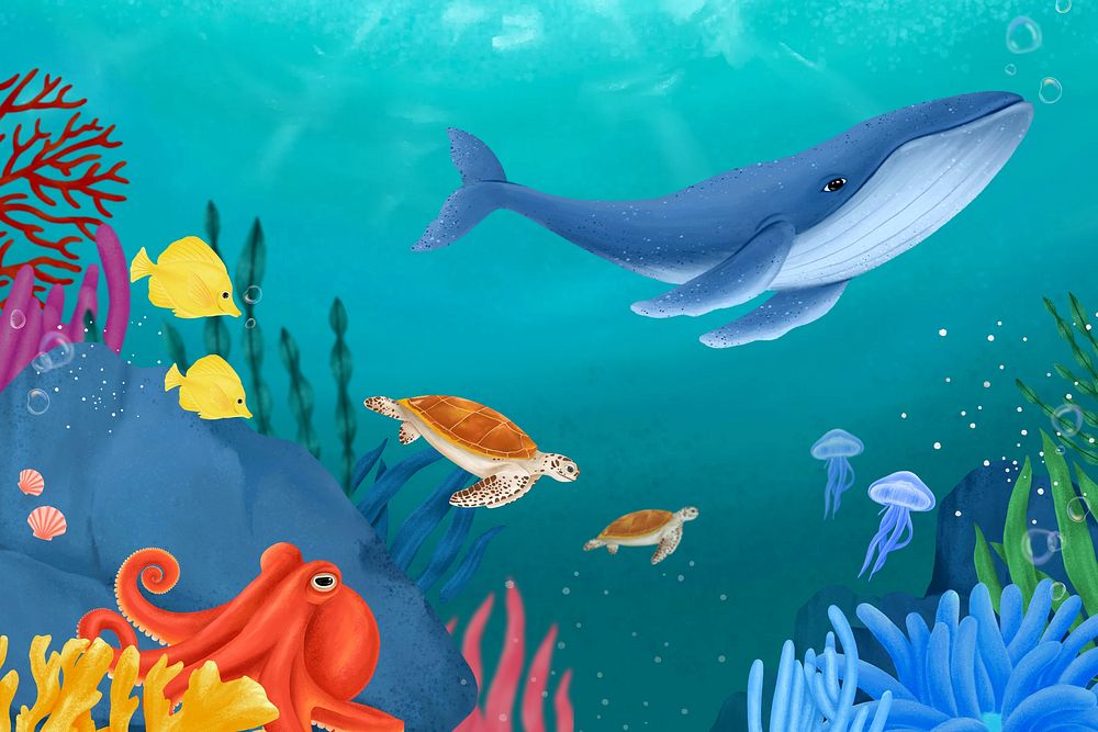 Underwater sea world background, aesthetic paint illustration