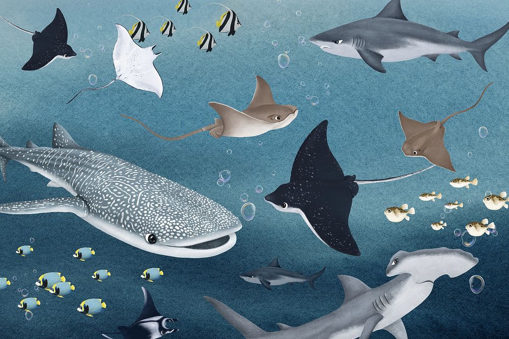 Marine life animals background, aesthetic paint illustration