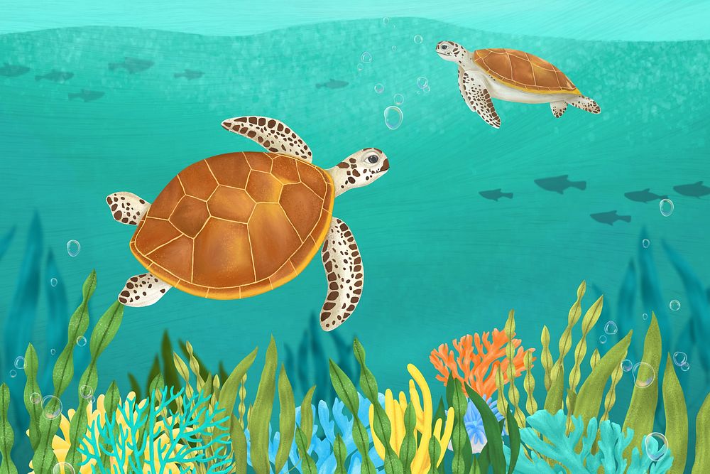 Sea turtles, green background, aesthetic paint illustration