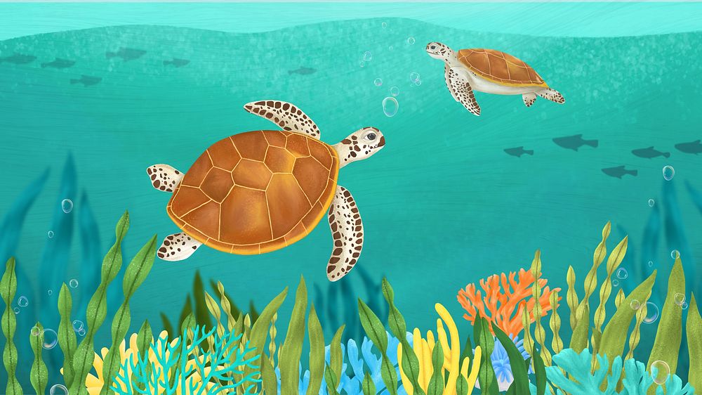 Sea turtles, green desktop wallpaper background