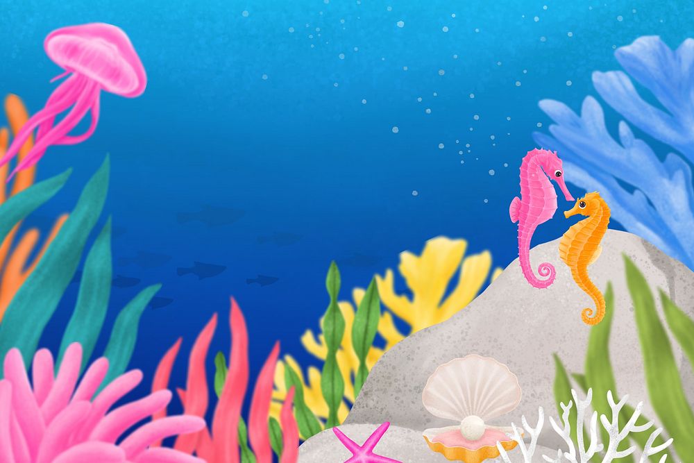 Coral reef border, blue background, aesthetic paint illustration