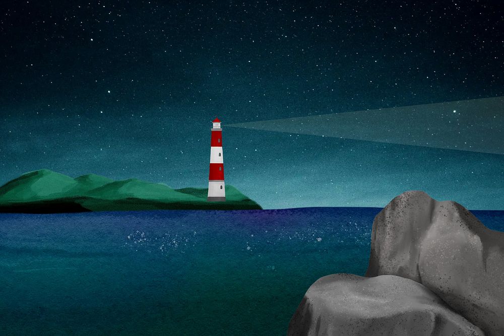 Lighthouse at night background, aesthetic paint illustration